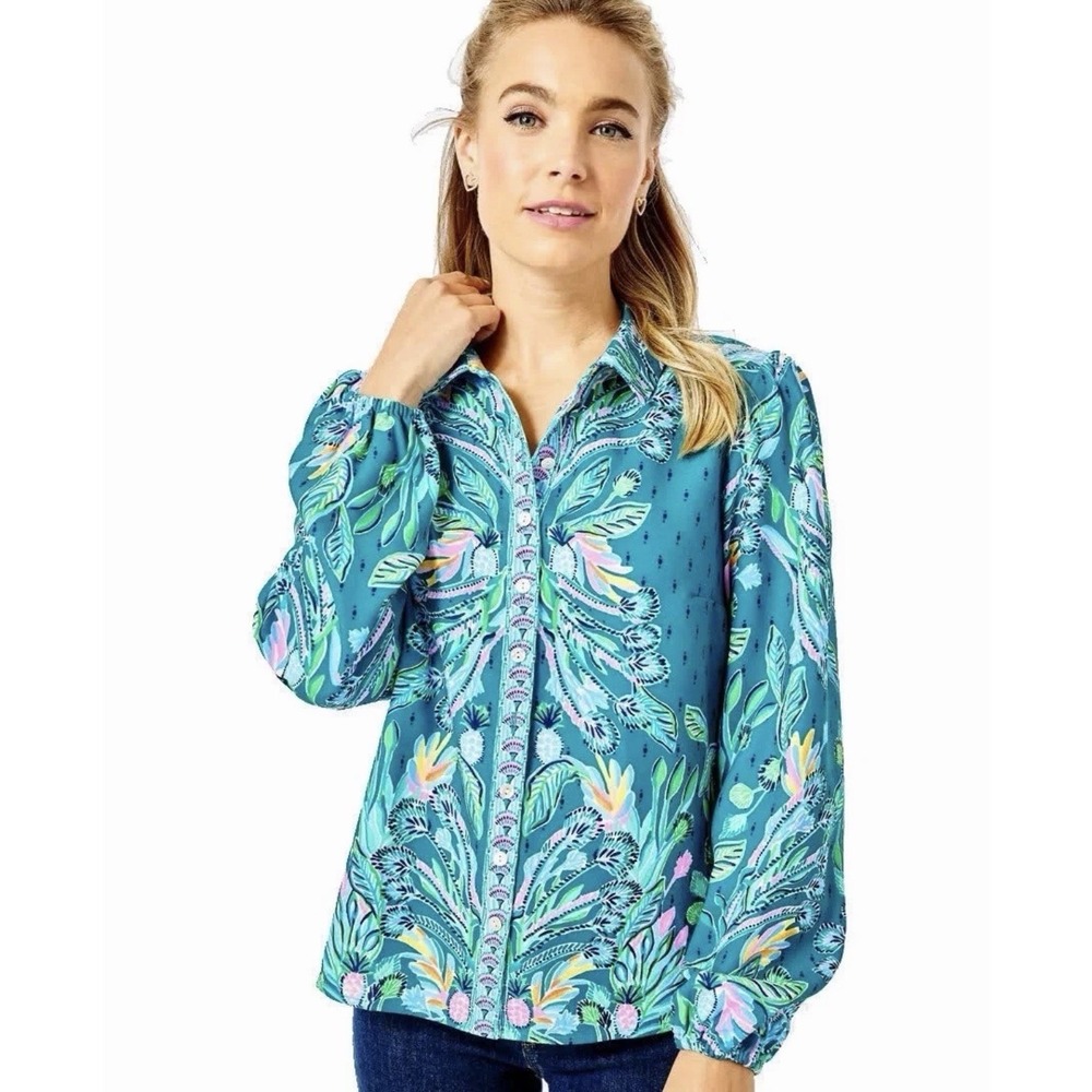Lilly Pulitzer Tavia Top L Valencia Teal Rain Floral Paisley Puff Sleeve Boho